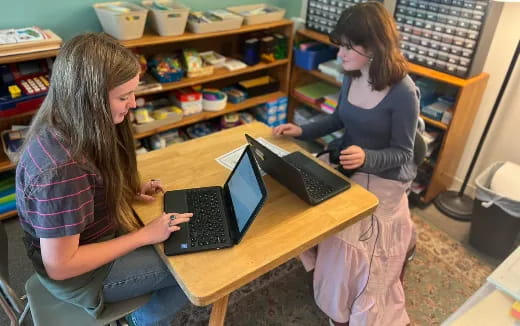 a person showing a person something on the laptop