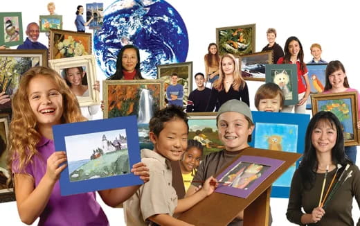 a group of children holding books
