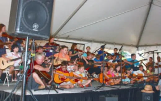 a group of people in a tent