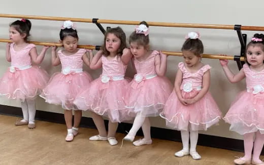 a group of girls in pink dresses