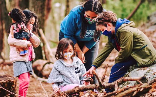 a group of people around a tree stump