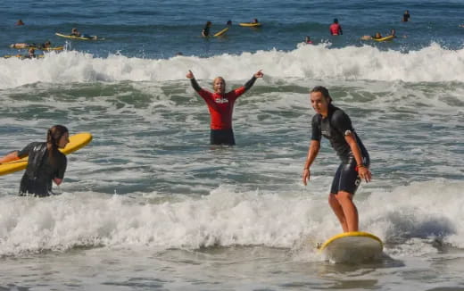a group of surfers in the ocean