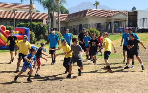 a group of people running