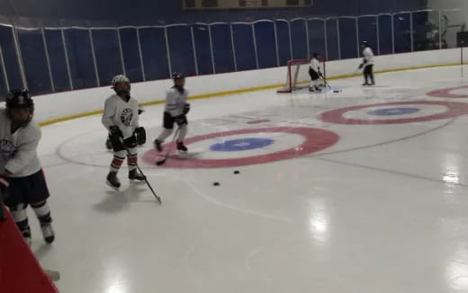 a group of people playing hockey