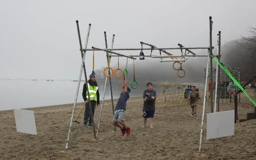 a group of people on a beach