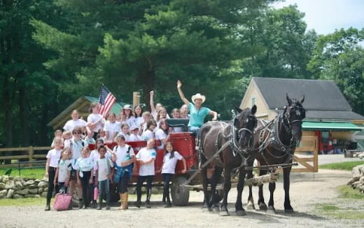 a group of people standing around a horse and buggy