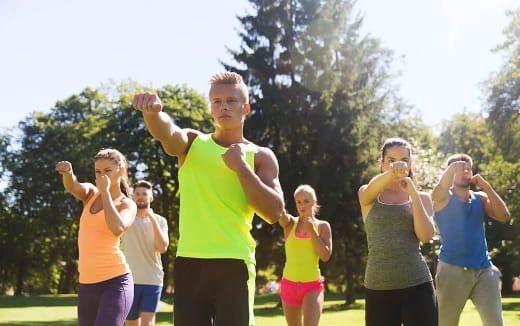 a group of people running