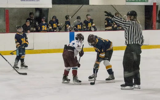 a group of people playing hockey