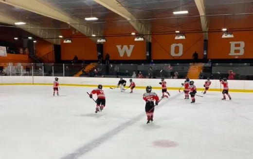 a group of people playing ice hockey