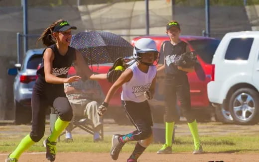 a group of people running