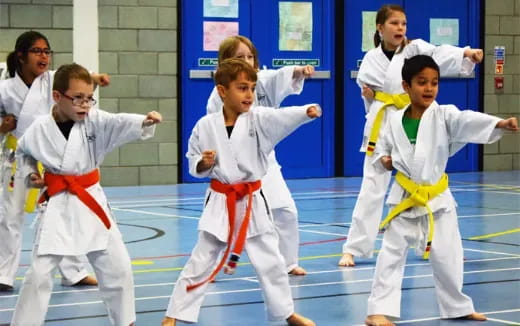 a group of kids in karate uniforms