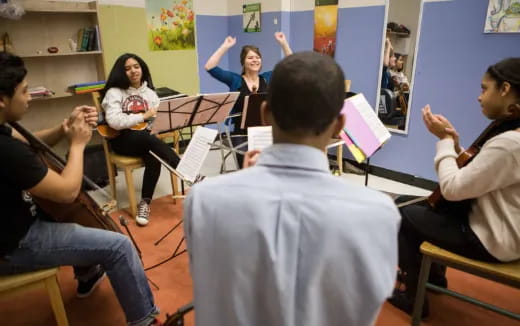 a group of people in a classroom