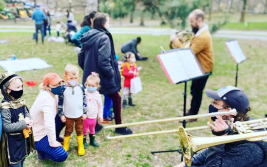 a group of people standing outside