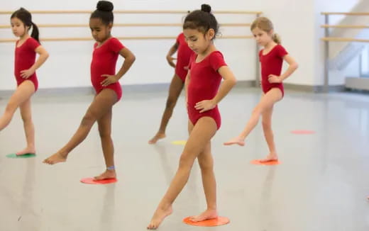 a group of women in red leotards on a rink