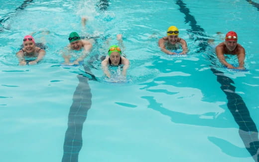 a group of people swimming in a pool