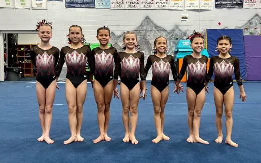 a group of girls in leotards posing for a photo