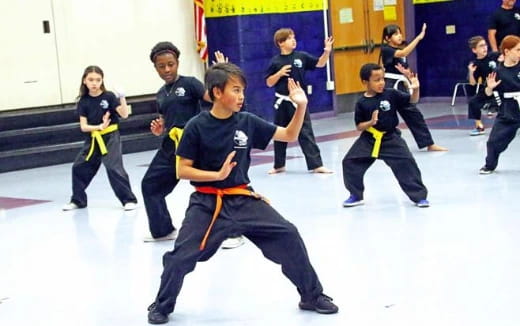 a group of kids in a karate class