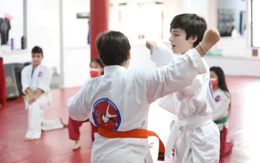 a group of kids in karate uniforms