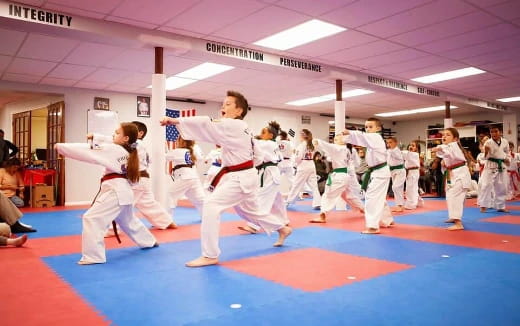 a group of people in karate uniforms