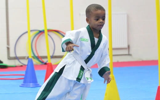 a boy holding a yellow and blue pole