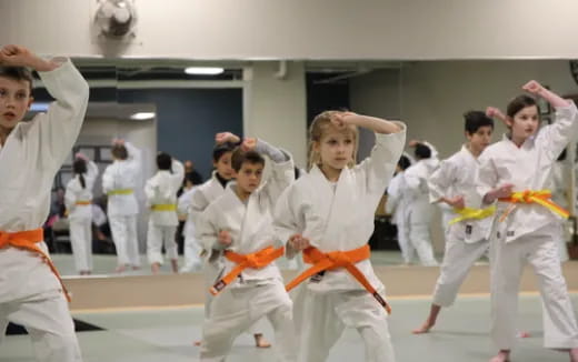 a group of people in karate uniforms