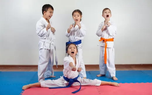 a group of kids in karate uniforms
