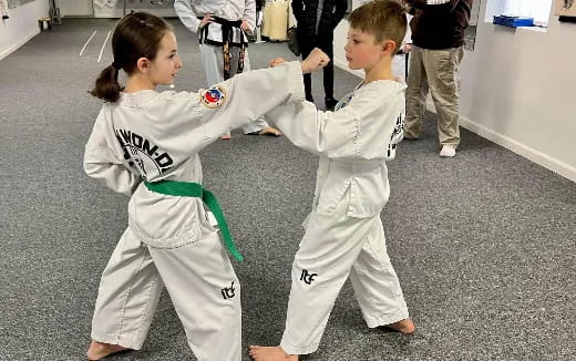 a couple of children in karate uniforms