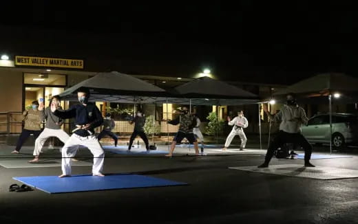 a group of people in a street