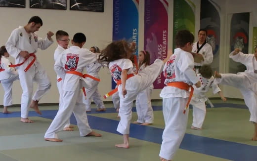 a group of people in karate uniforms