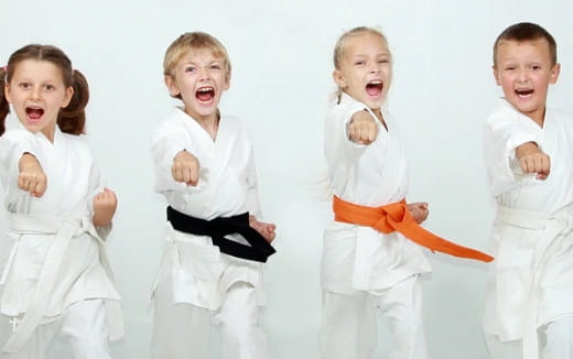 a group of children in karate uniforms
