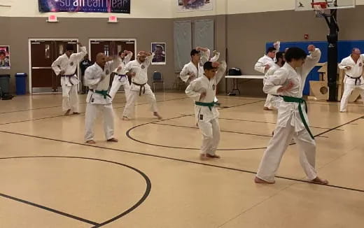 a group of people in karate uniforms