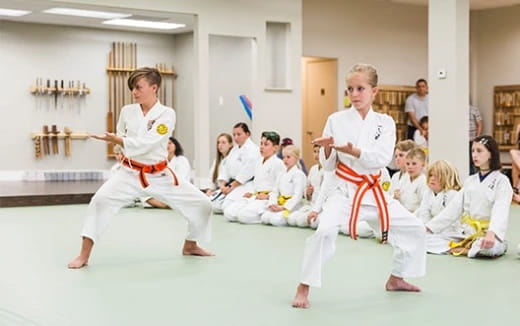 a group of people in karate uniforms