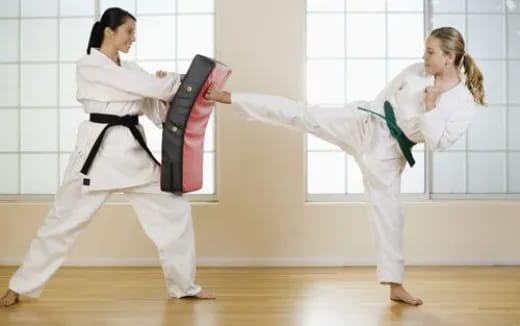 a couple of women in karate uniforms