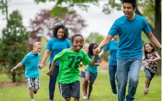 a group of people running