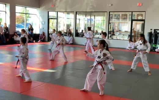 a group of children in karate uniforms