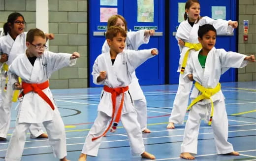 a group of kids in karate uniforms