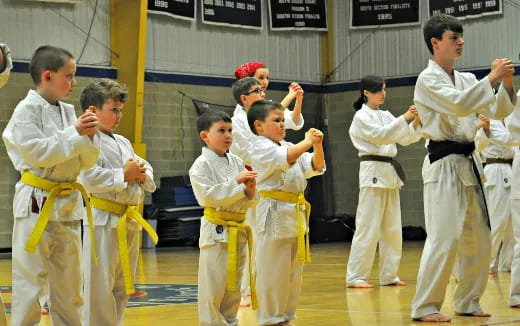 a group of boys in karate uniforms