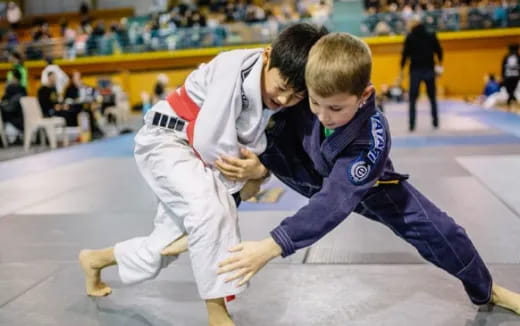 a couple of boys in karate uniforms