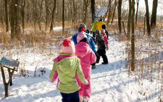 a group of people walking in the snow