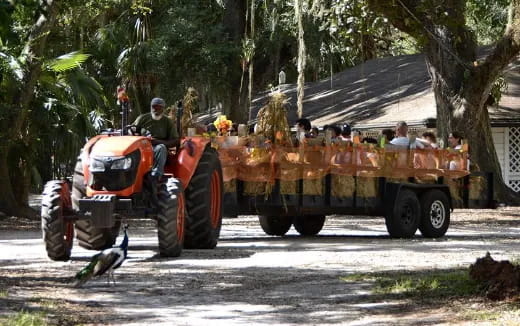 a tractor pulling a trailer full of people