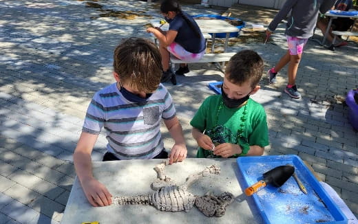 a couple of boys playing with a fish on a beach