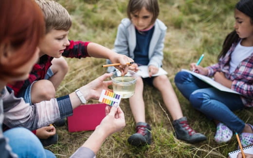 a group of children sitting on the grass
