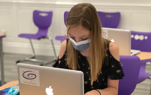 a woman wearing a mask and using a laptop
