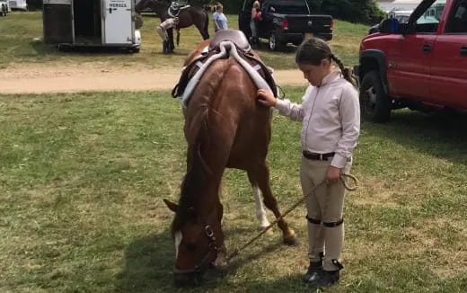 a girl holding a horse