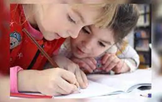 a young girl and a young boy studying