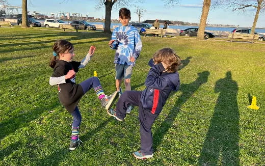 a group of children playing in the grass