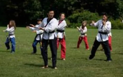 a group of people running