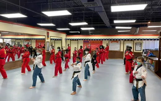 a group of people in a hall