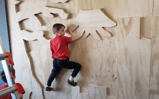 a boy climbing a wall