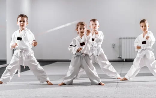 a group of people in karate uniforms